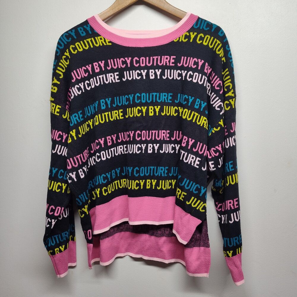 Juicy Couture Neon Spellout Logo Kint Sweater Women XXL Black Pink Y2K Retro